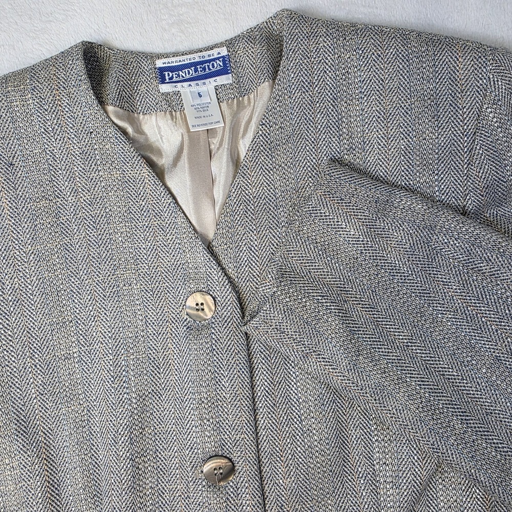 Vintage Pendleton Jacket Womens 6 Silver Herringbone Tweed Blazer Silk Blend